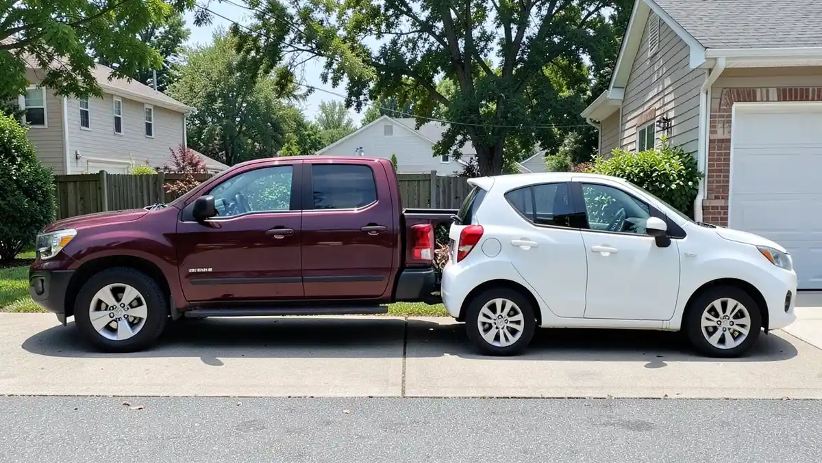 A pickup truck and a small hatchback parked side by side in a driveway
