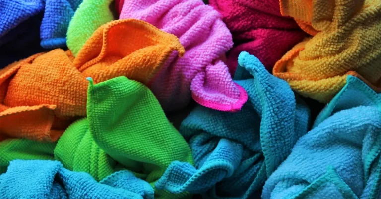 Pile of colorful microfiber cleaning cloths