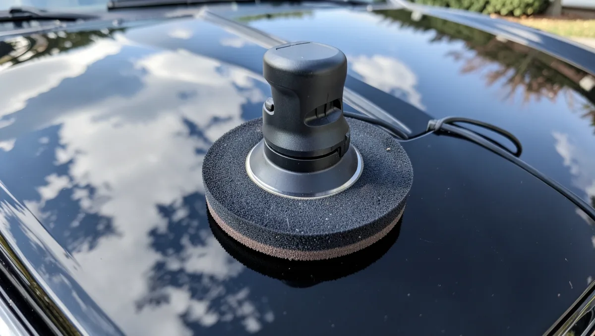 Dual-action polisher with a foam pad resting on a glossy black car hood showing mirror-like reflections