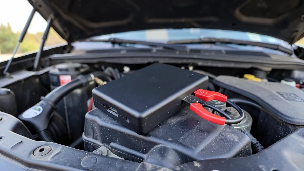 A portable lithium jump starter pack with clamps attached to a car battery under the hood