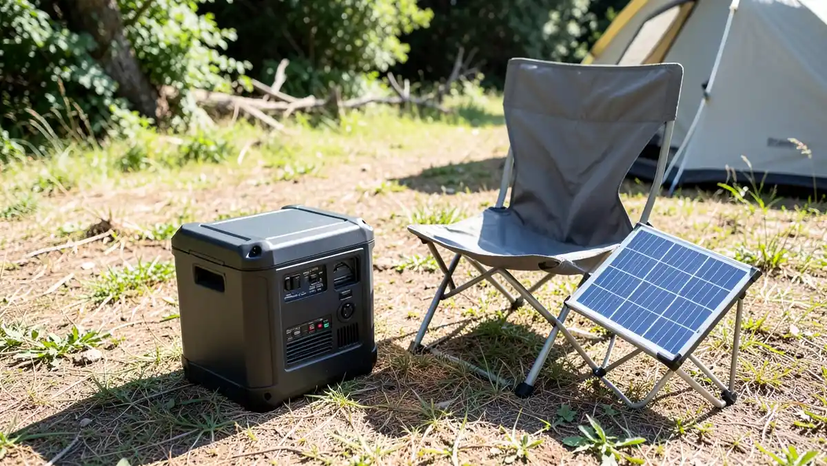 A portable power station and a folding solar panel set up at a campsite