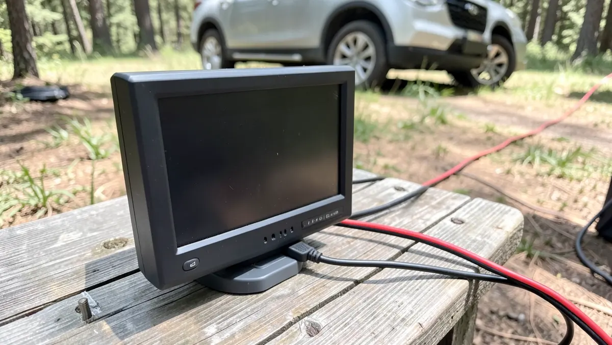 A small portable TV powered by cables running to a car battery at a campsite