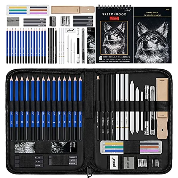 Prina 50-piece drawing and sketching set with sketchbook and pencils