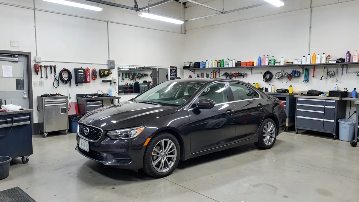 Professional auto detailing garage bay where a detailer can safely remove stubborn writing from car glass