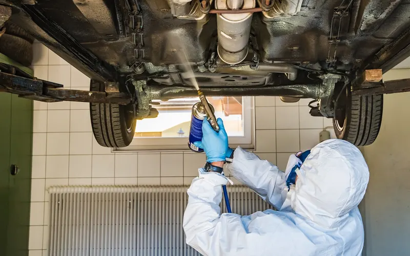 Technician inspecting the underbody of a vehicle raised on a lift