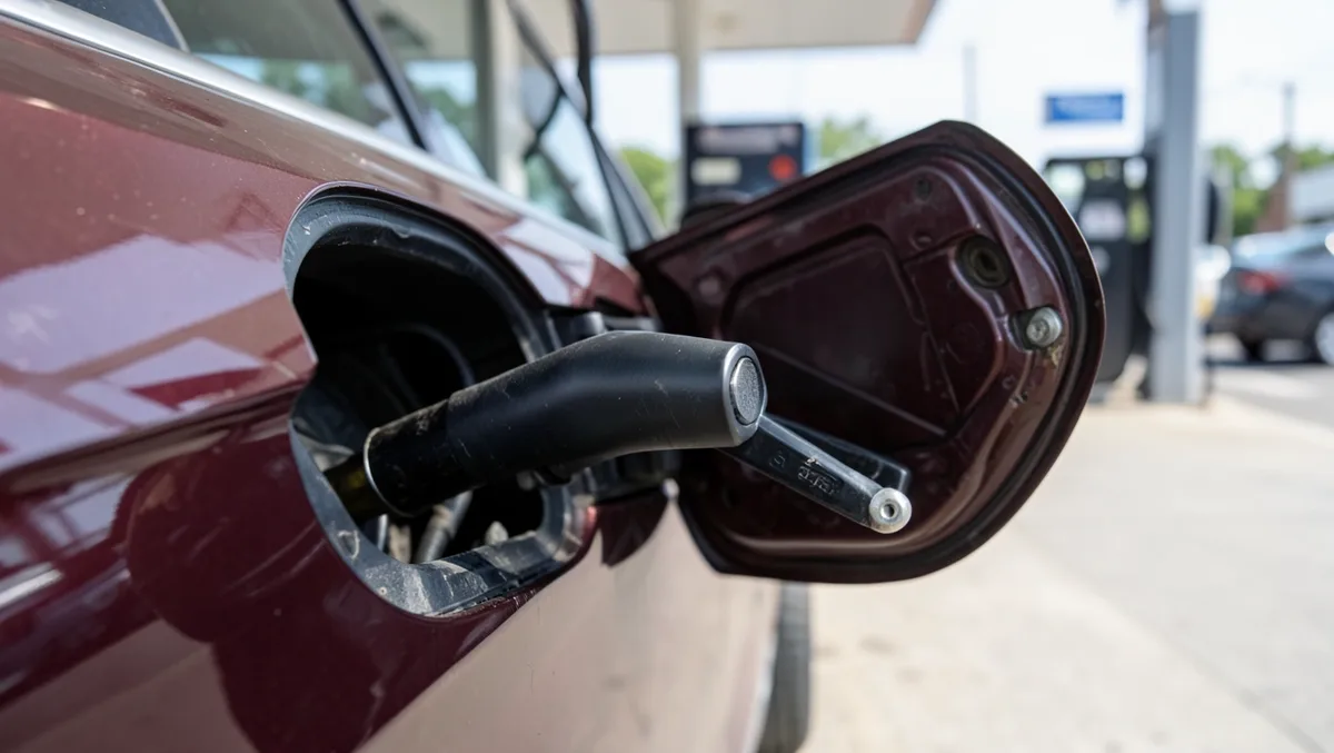 Close-up of a fuel pump nozzle refueling a sedan at a gas station