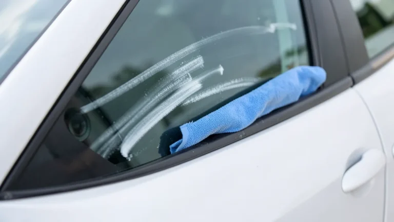 Microfiber cloth wiping faint chalk marker residue off a car side window