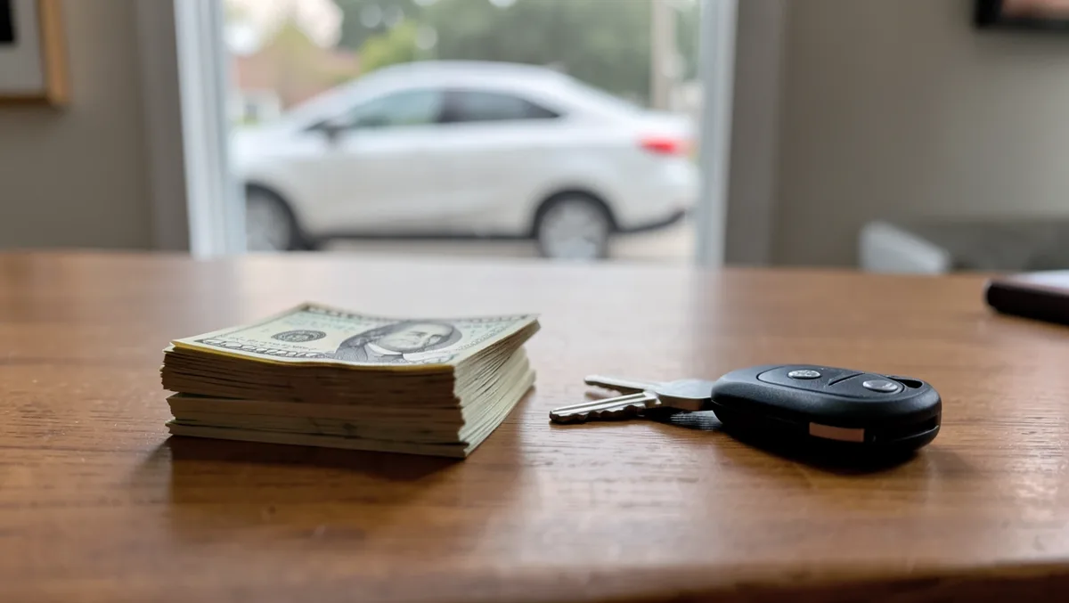 Stack of cash next to a car key on a desk, illustrating the weekly cost of renting a car for Uber