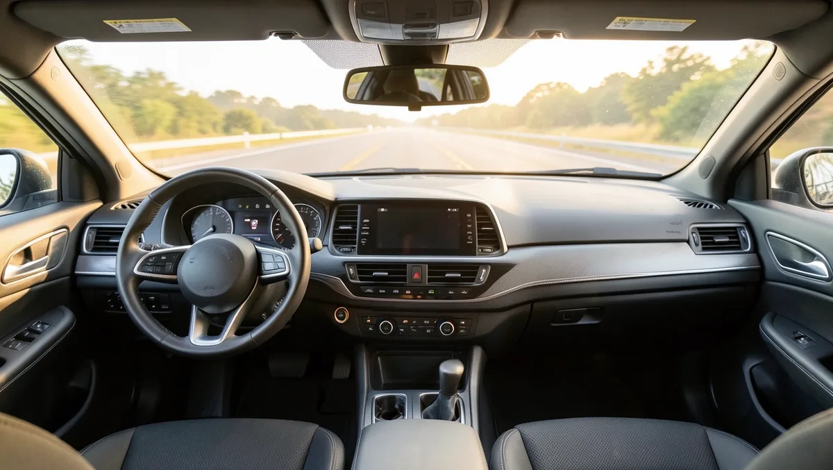Interior view of a car dashboard and steering wheel on the road, representing insurance considerations for rideshare rentals