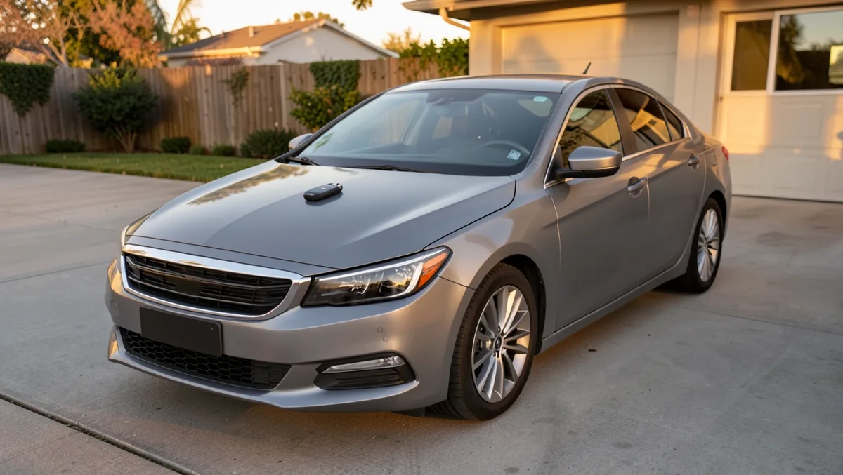 Gray sedan available for rent parked in a driveway, representing a newer rideshare-ready vehicle