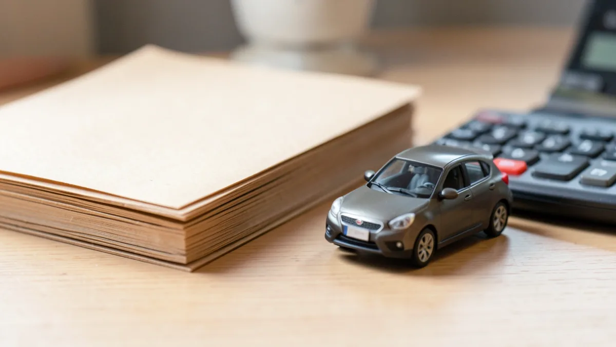 A small model car next to folders and a calculator, representing reviewing title and tax paperwork after a car donation