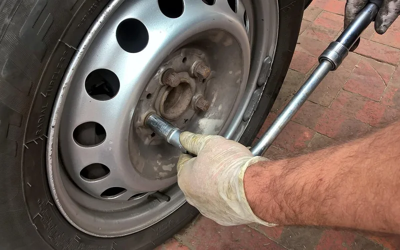 Mechanic using hand tools to remove a tire from the wheel in a workshop