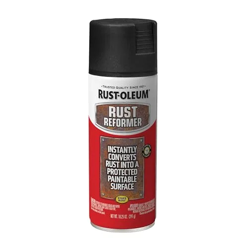 Can of Rust-Oleum Stops Rust Reformer black spray paint for converting rust on metal