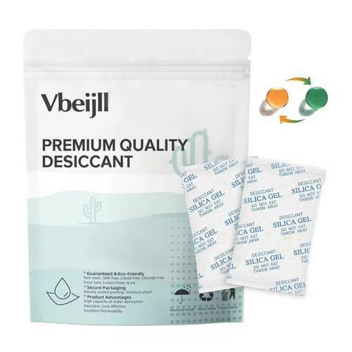 Vbeijll 5 Gram (50 Pack) Silica Gel Packets, Desiccant, Moisture Absorbers | Food Grade, Color-Indicating, Rechargeable,