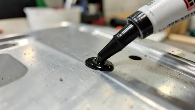 A bead of black RTV silicone sealant applied to a clean metal automotive gasket surface