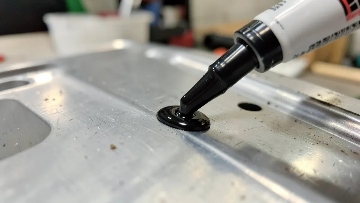 A bead of black RTV silicone sealant applied to a clean metal automotive gasket surface