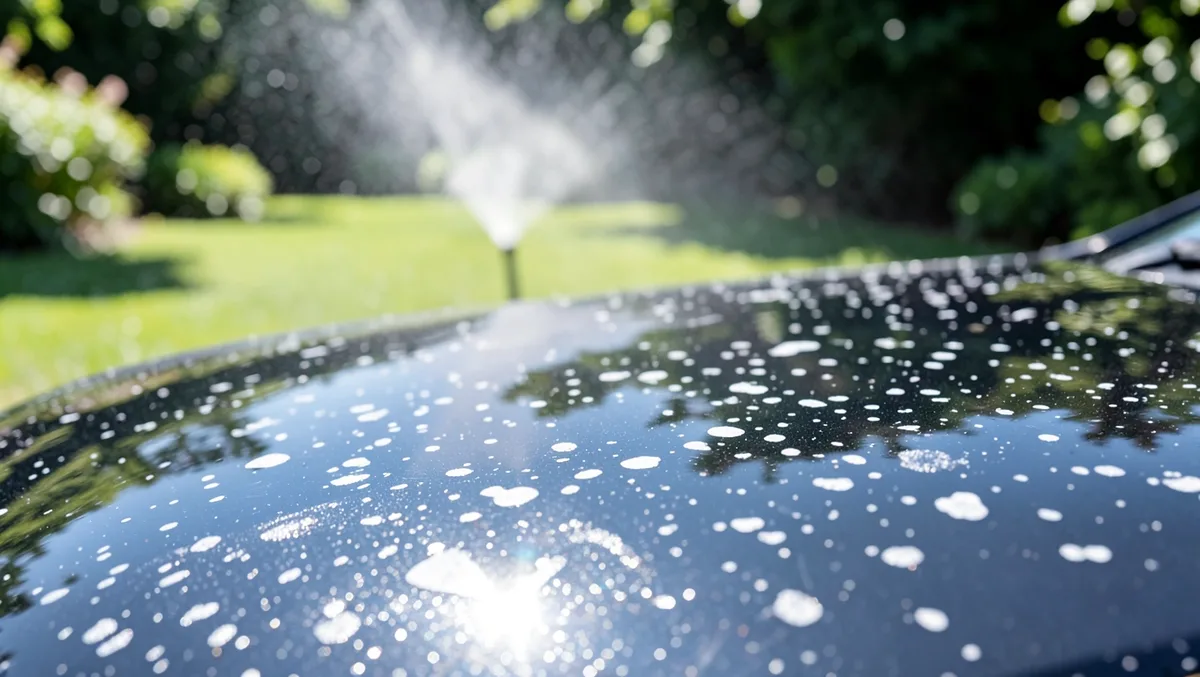 Dried white sprinkler water spots covering a car hood in sunlight with a lawn sprinkler running in the background