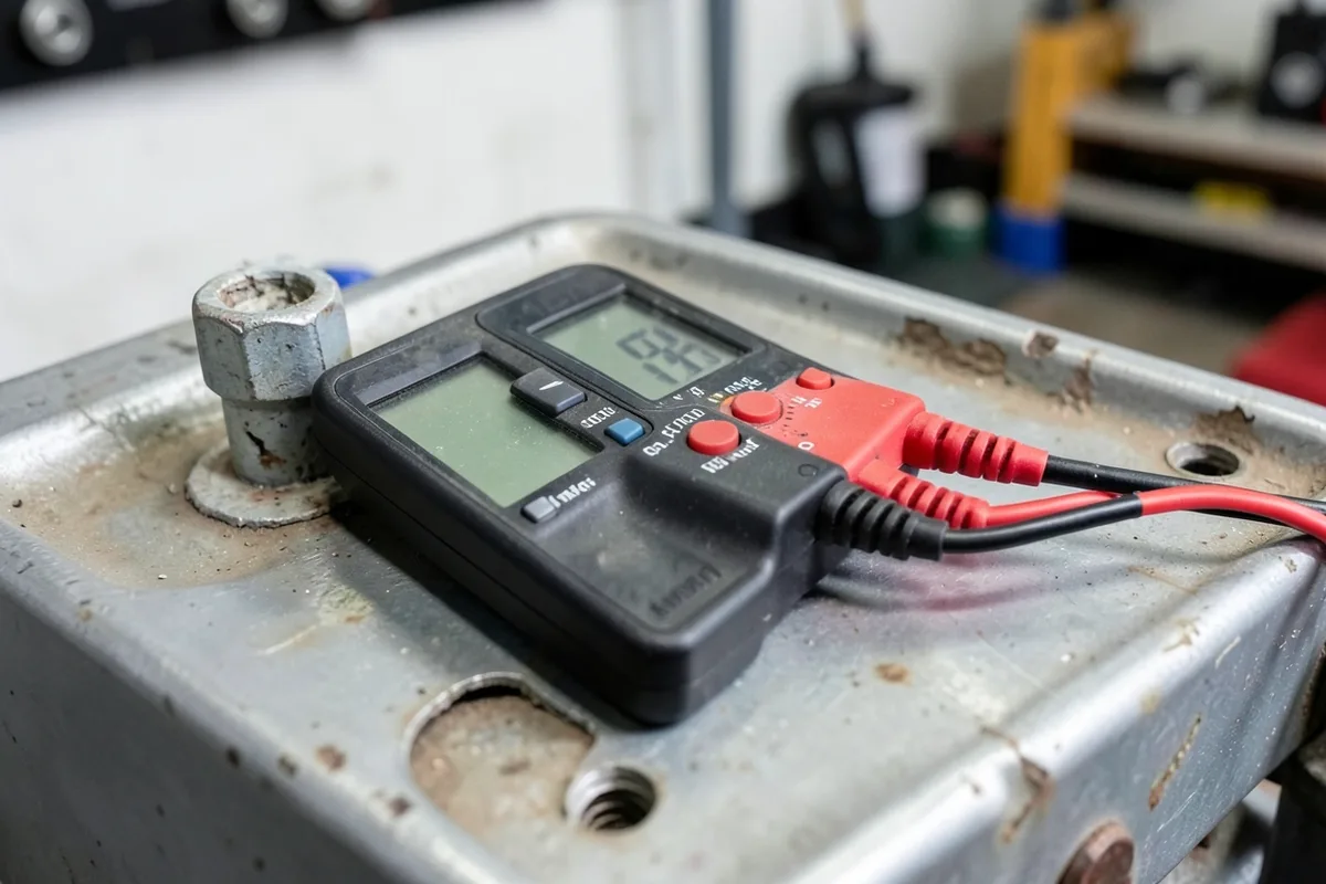 Digital multimeter probes resting on a car ground point during a continuity test
