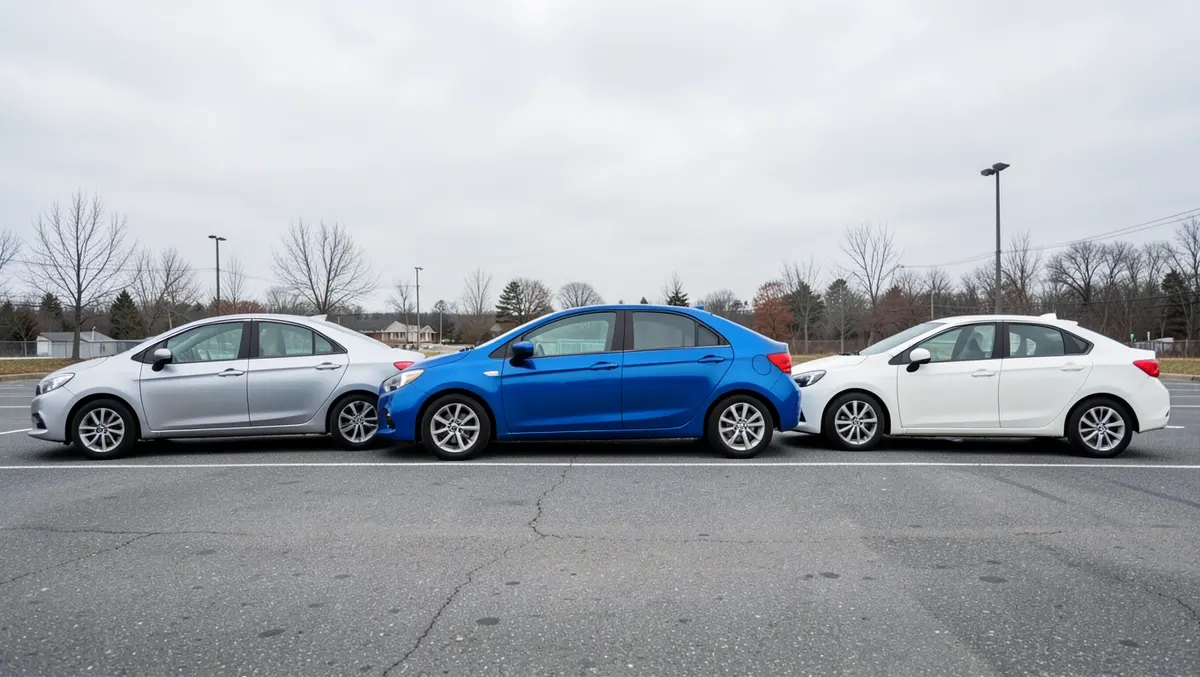Three different compact sedans in different colors parked side by side for comparison