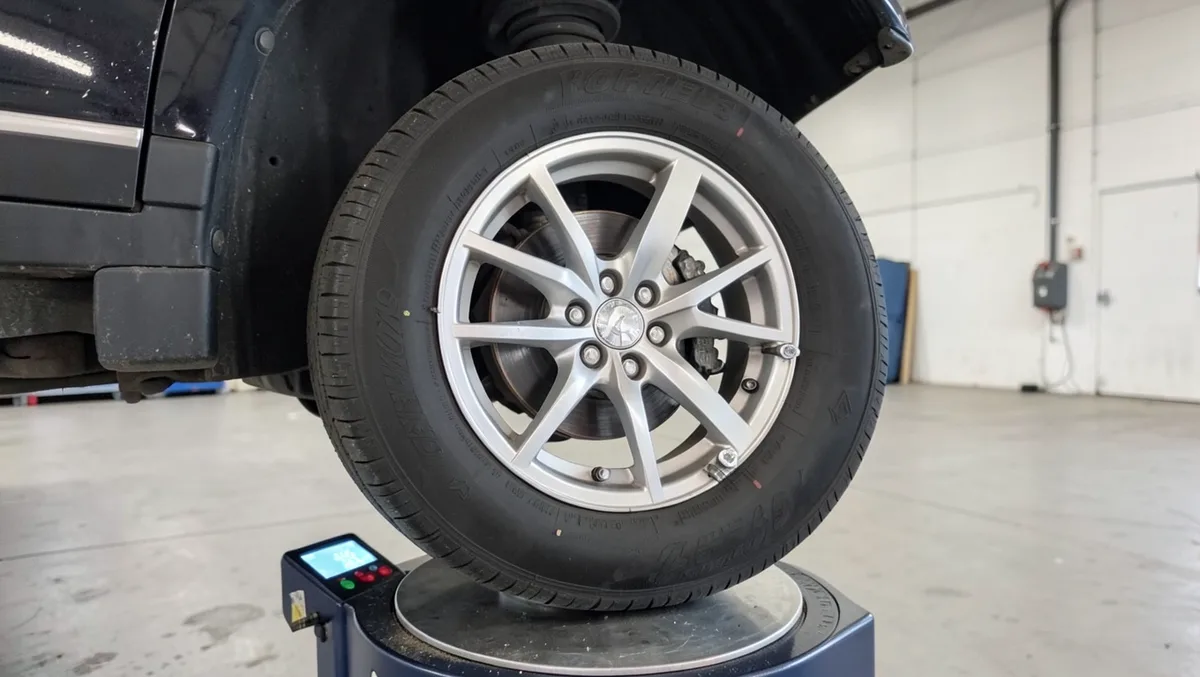 Wheel and tire mounted on a tire balancing machine with wheel weights to fix vibration