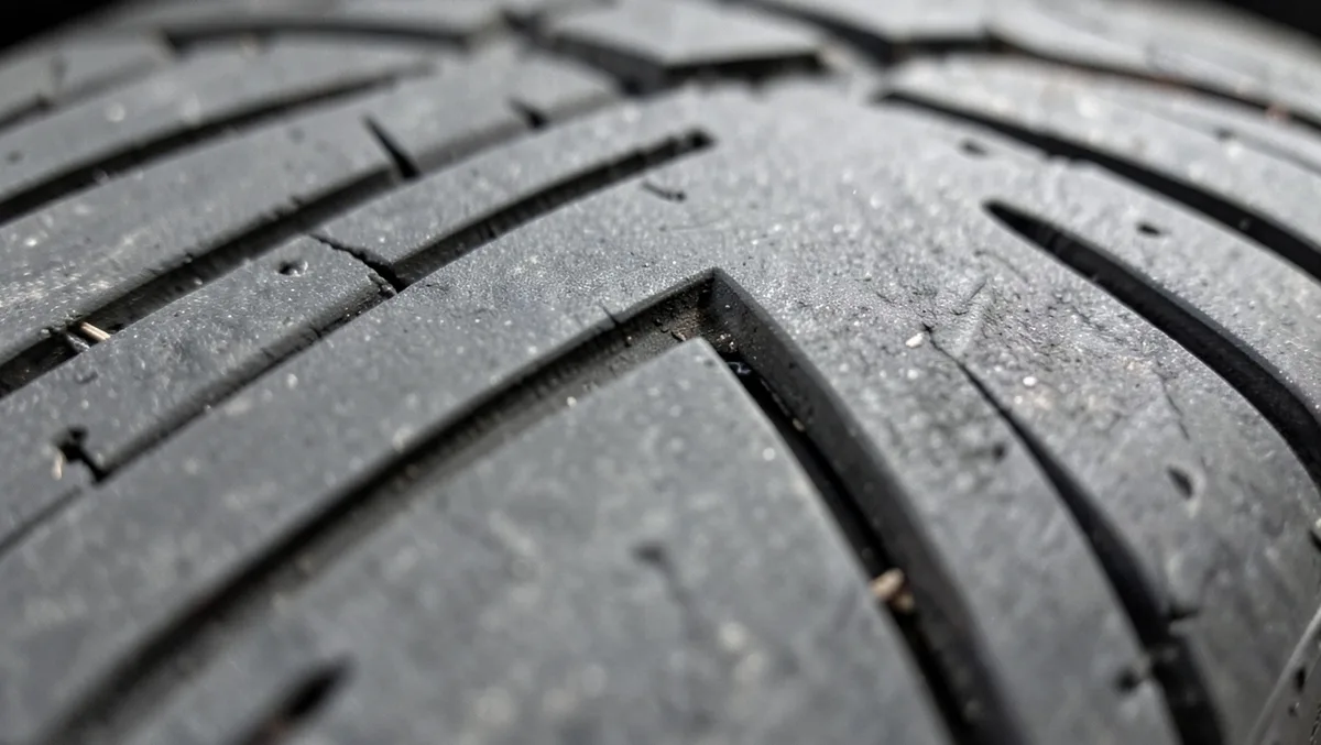 Close-up of tire tread grooves showing even wear on a passenger car tire