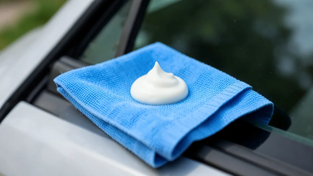 A dollop of white toothpaste on a microfiber cloth resting on a car window, a common but weak DIY scratch remedy