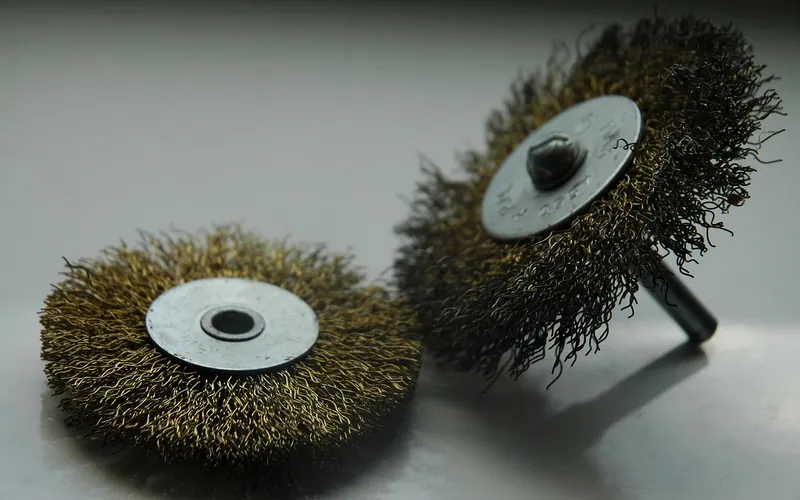 Two crimped wire wheel brushes with shank on a flat surface