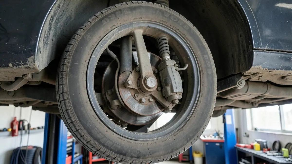 Close-up of a car wheel, tire, and brake components during a pre-purchase inspection while the vehicle is raised on a shop lift
