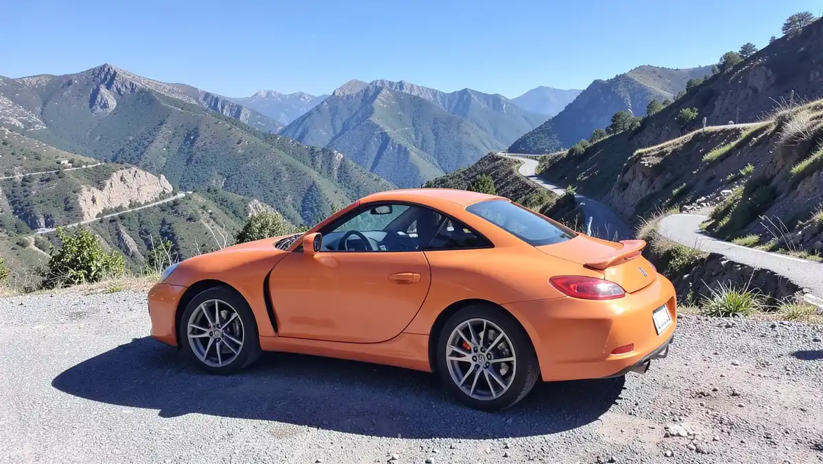 An affordable used sports coupe parked at a scenic mountain overlook, the kind of budget sports car that fits a $20,000 budget