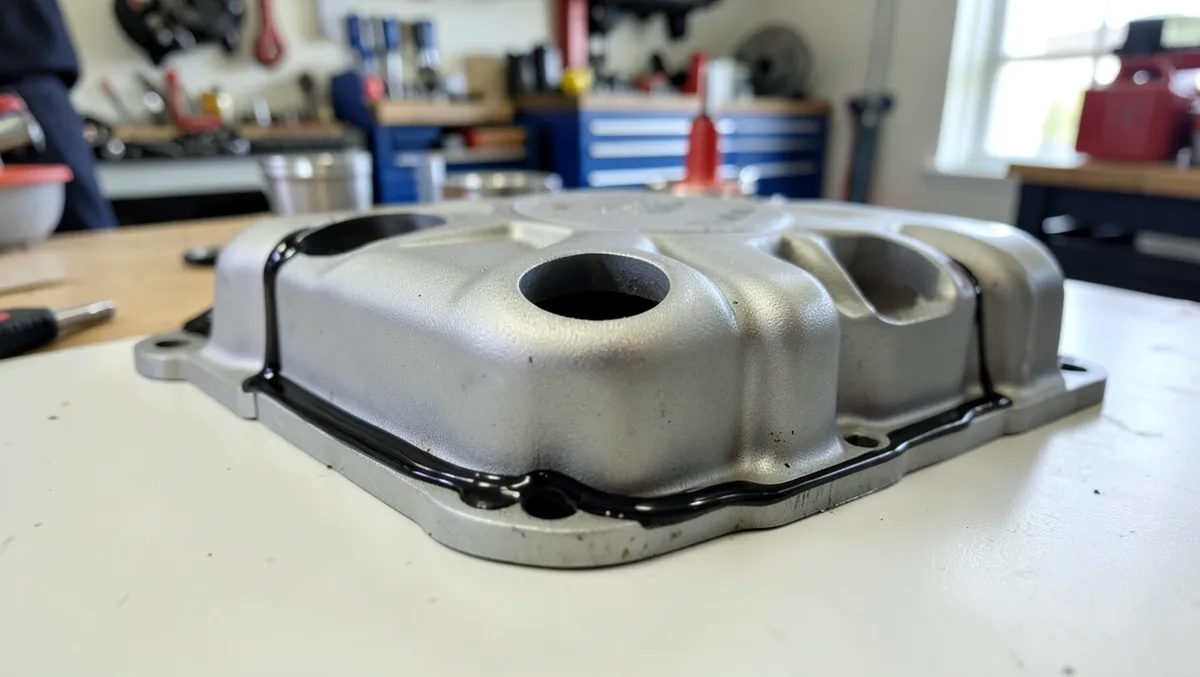 Aluminum car valve cover with a continuous bead of black RTV silicone sealant applied around the bolt holes, ready for reassembly