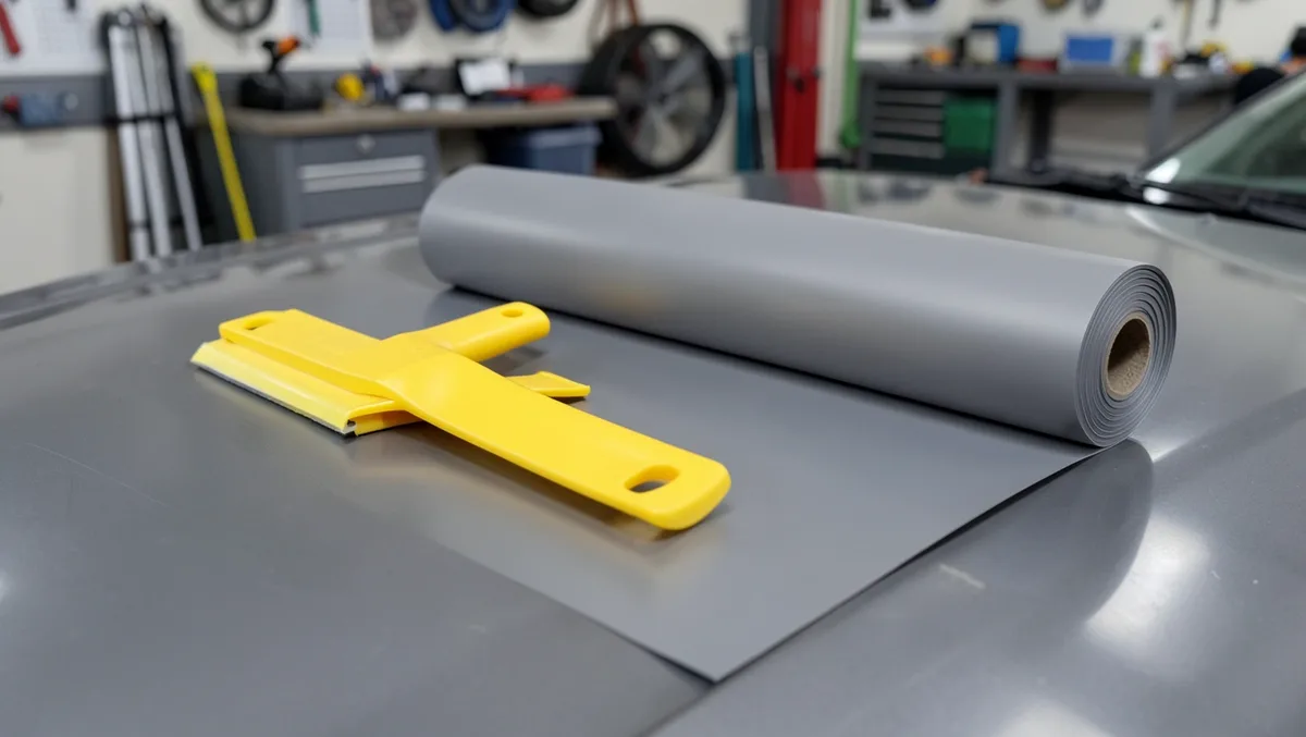 Squeegee tool and a roll of vinyl wrap film resting on a car hood in a vehicle wrap shop
