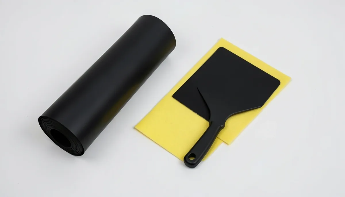 A roll of matte black vinyl wrap film next to a felt-edge squeegee and utility knife laid out on a workbench