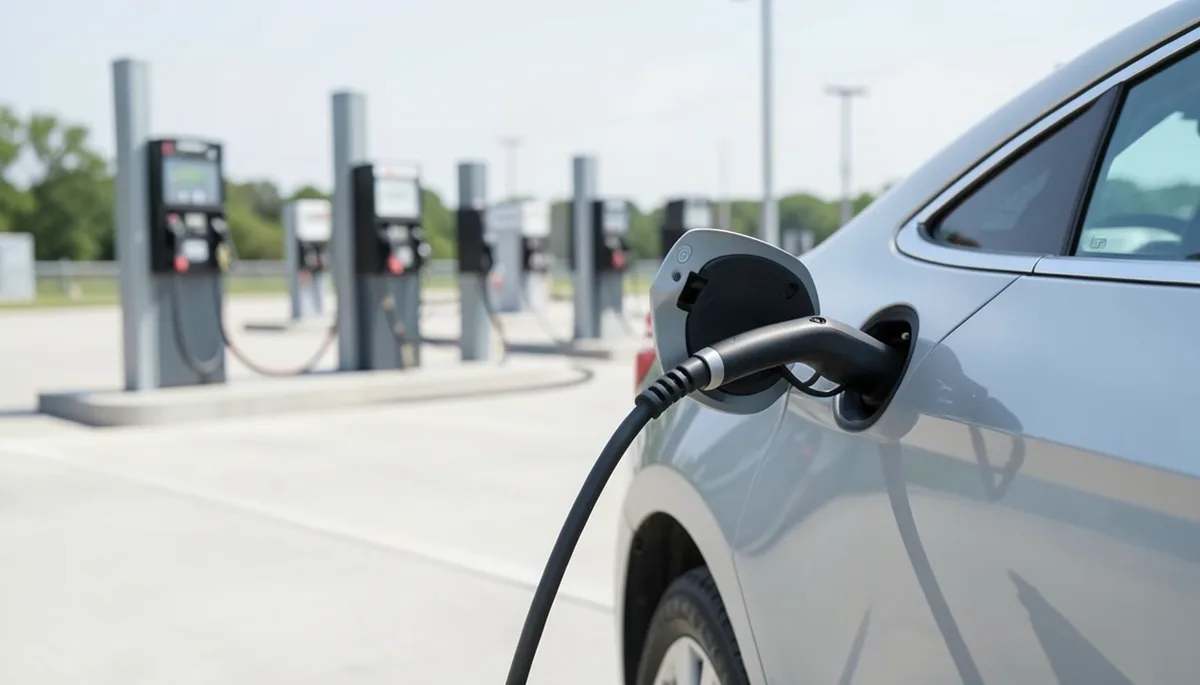 Electric vehicle charging cable plugged into a car at a public charging station