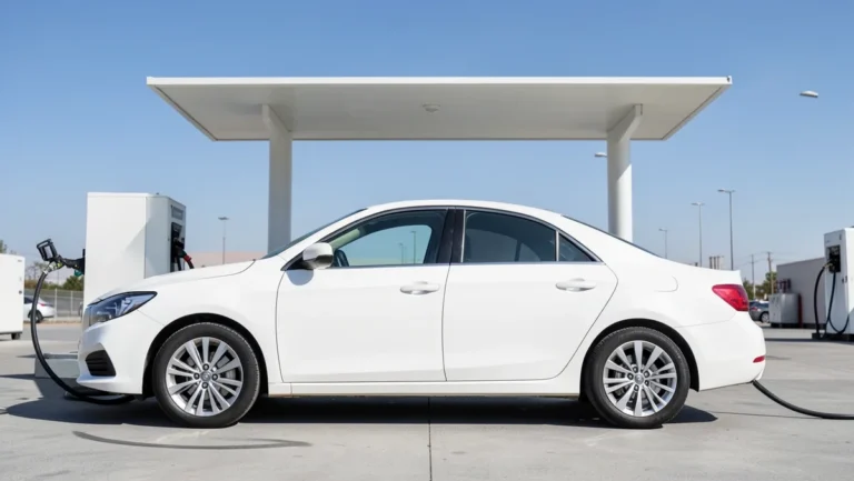 Generic white sedan at a hydrogen refueling station with fuel hose connected
