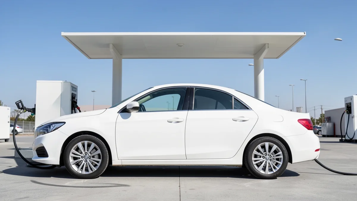 Generic white sedan at a hydrogen refueling station with fuel hose connected