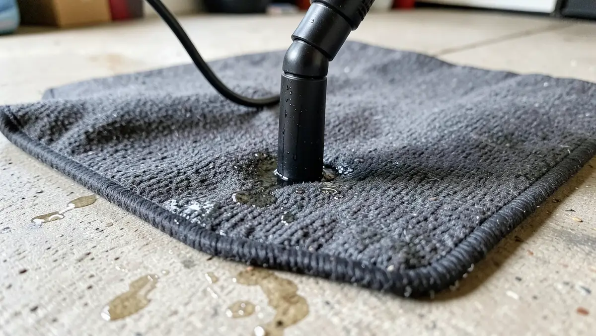 Vacuum nozzle extracting water droplets from a soaked car floor mat