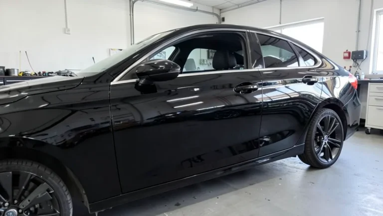 Car door panel wrapped in glossy black vinyl film inside a professional auto detailing garage