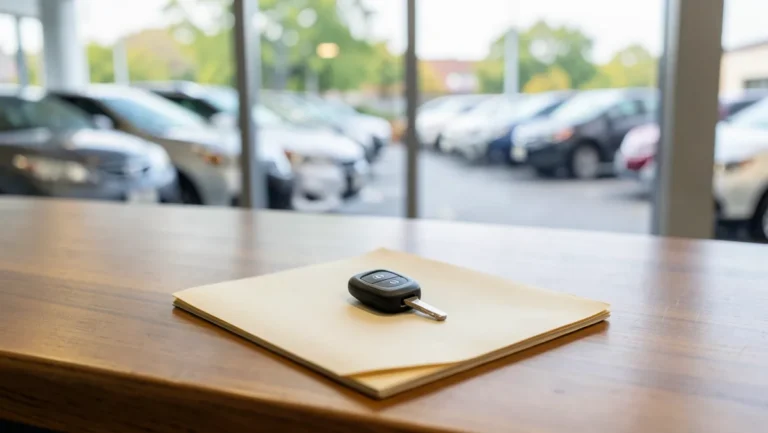 A car key fob resting on a folder at a dealership service counter with a lot of vehicles blurred in the background