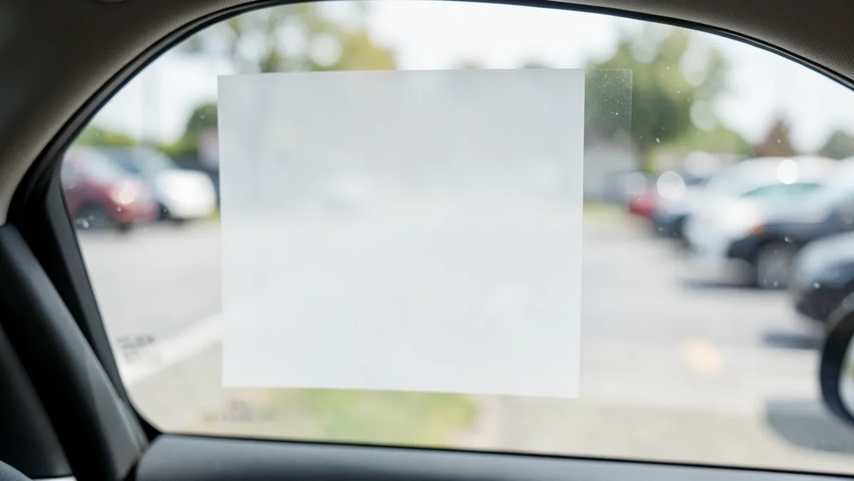 A blank static cling decal placed on the inside of a car window with a parking lot visible through the glass