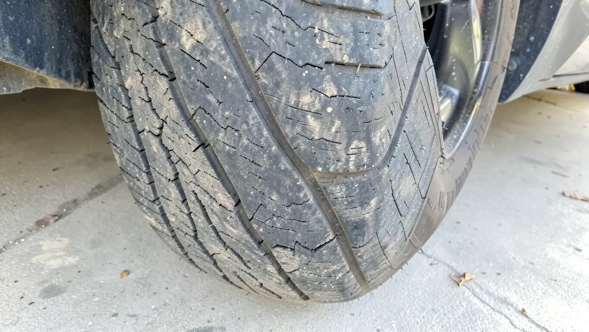 Close-up of a worn car tire with uneven tread wear and sidewall cracking that can cause a car to shake