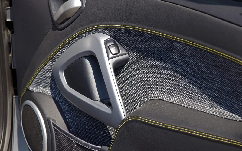 Interior door panel with a molded pull handle and window switch next to a speaker