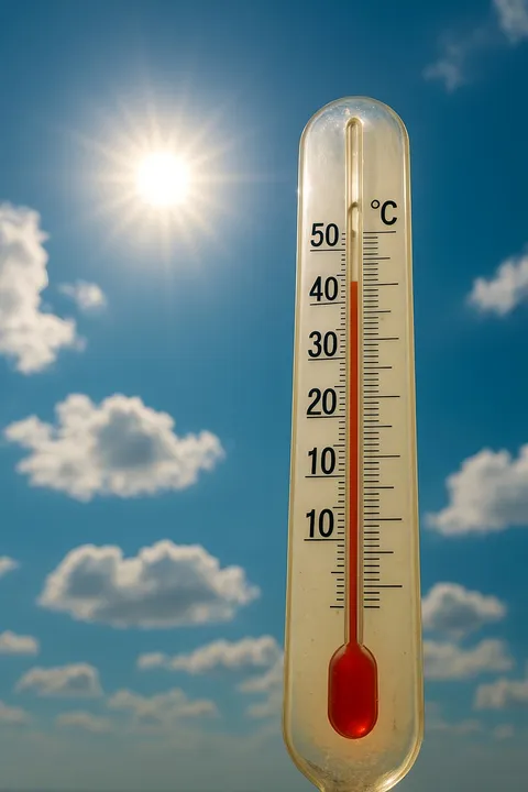 Outdoor thermometer in front of a bright sun and blue sky