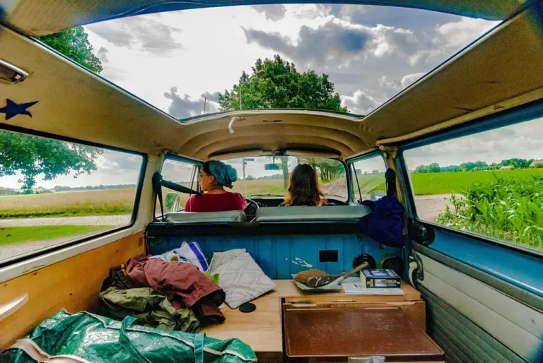 Interior roof lining of an older van seen from the cargo area