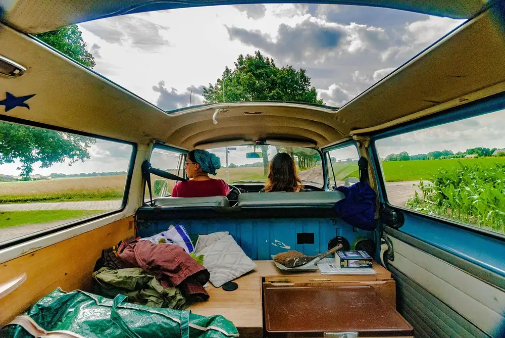 Interior roof lining of an older van seen from the cargo area