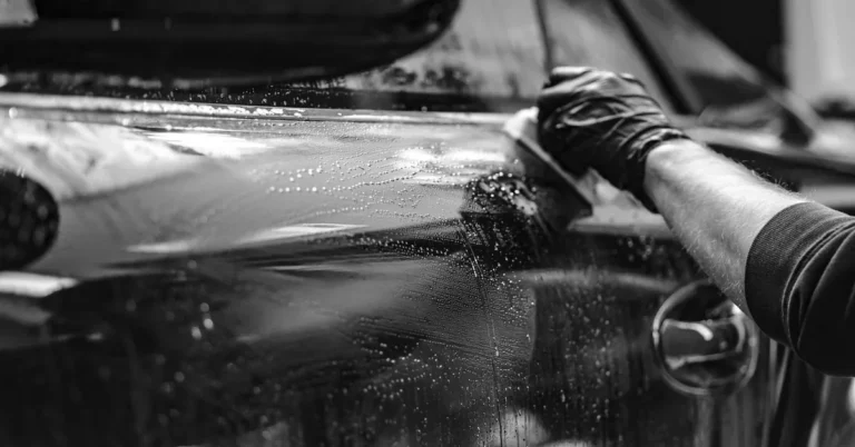 Gloved hand working a pad over a wet car body panel
