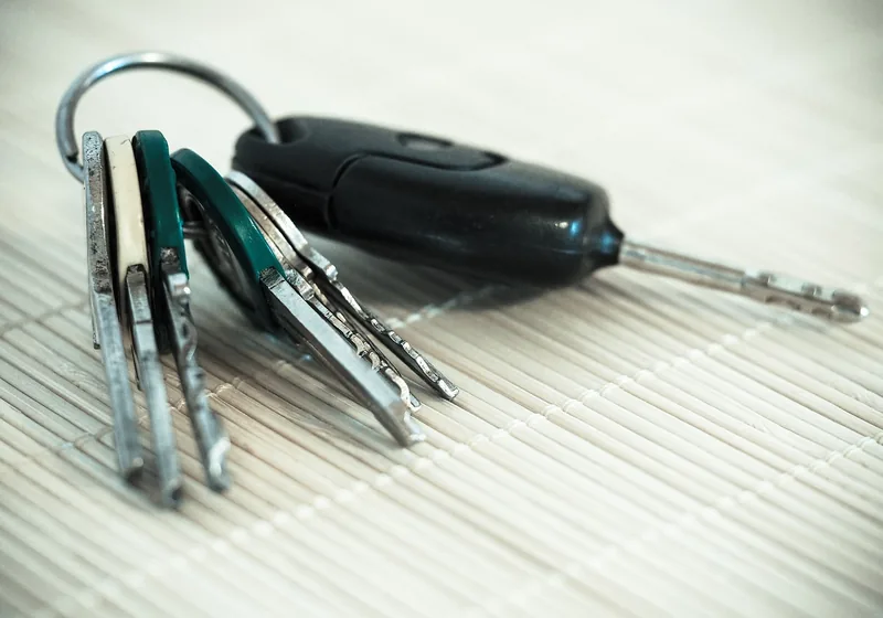 Bunch of keys and a car remote key on a metal ring