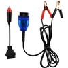 OBD2 memory saver cable with red and black 12V clips and a cigarette lighter adapter