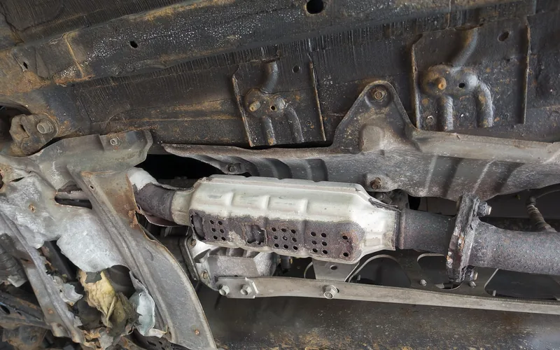 Underside of a car with surface rust and road grime around the exhaust and underbody