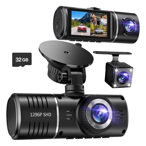 Dash Cam Front and Rear, 1296P Dash Camera for Cars, 3 Channel Car Camera Front Rear and Inside with 32GB Card, Loop Rec