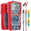 Red digital multimeter with a rotary dial, test leads and two AAA batteries